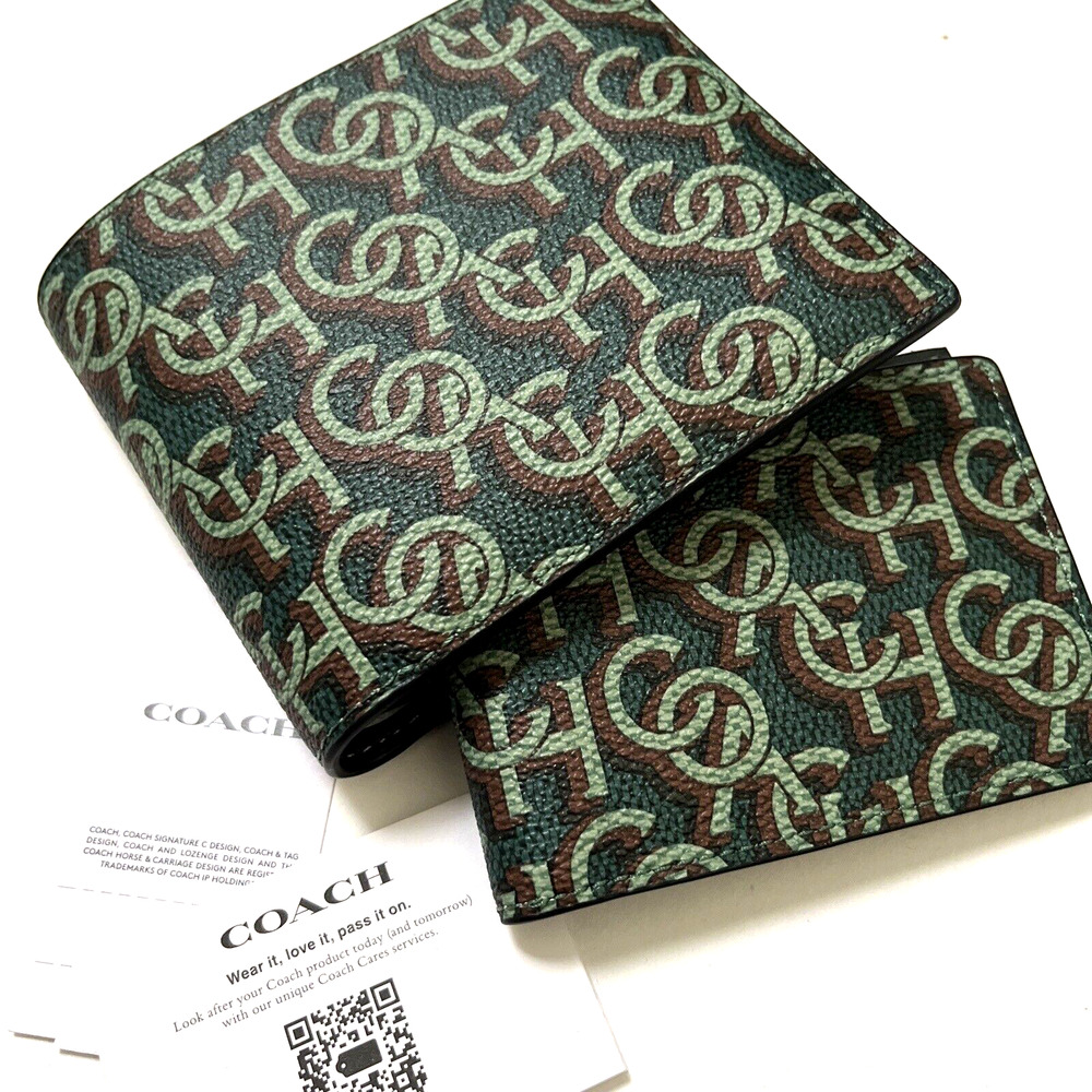 Coach 3-in-1 Signature Canvas Wallet Green Monogram Removable Insert NWT $180 - Picture 2 of 9
